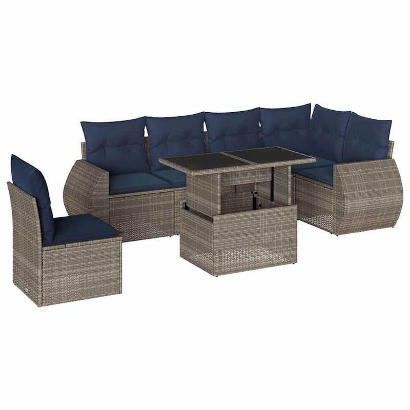vidaXL 7 Piece Patio Sofa Set with Cushions Black/Brown/Gray Poly Rattan - 24.4 x 24.4 x 27.2