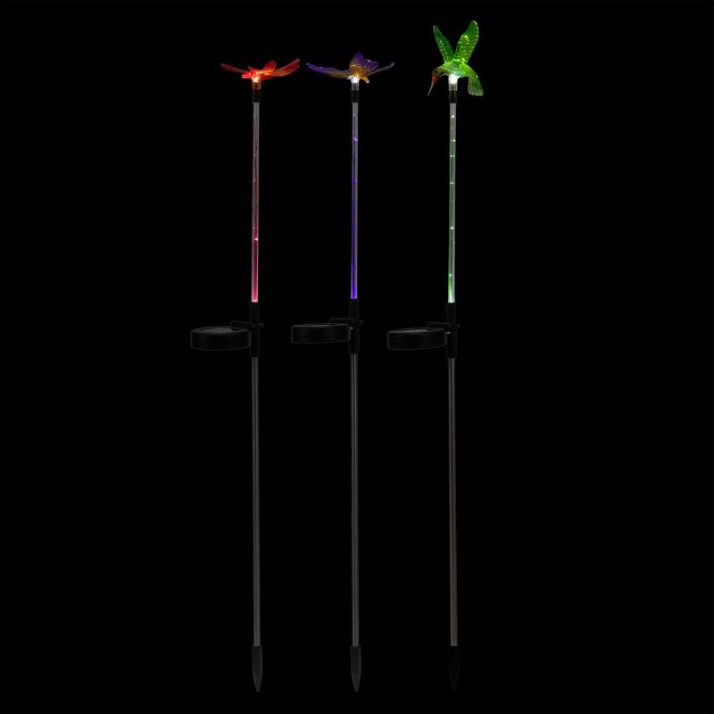 Alpine Corporation 33" Tall Butterfly, Hummingbird, Dragonfly Solar Fiber Optic LED Pathway Light Garden Stakes (Set of 3)