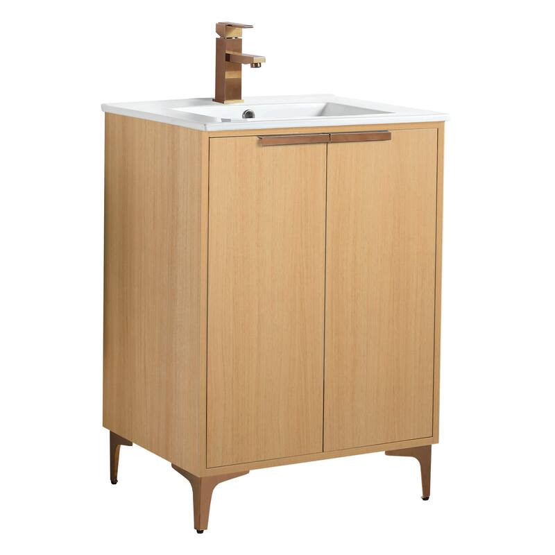 Fine Fixtures Wilmington Bathroom Vanity with White Ceramic Sink. - 24 Inch - Natural Oak - Rose Gold Hardware