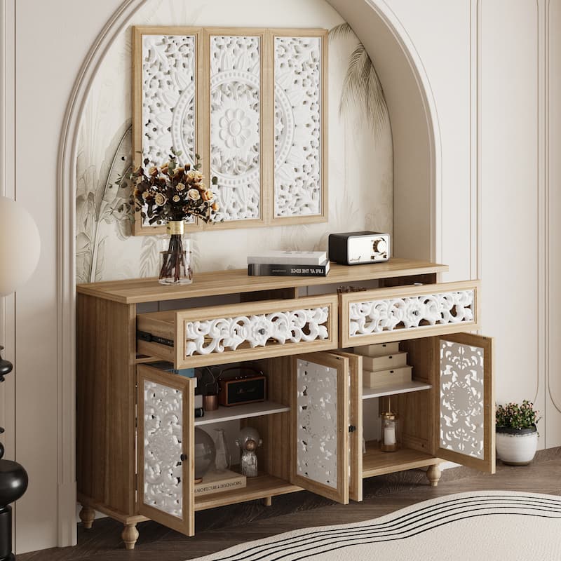 Booksheves Boho Entryway Display Cabinet w Wall Décor White Hollow Carved Panels Sideboard
