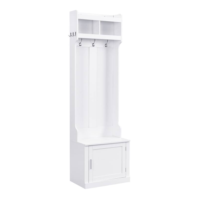 Minimalist Slim Hall Tree with Cabinet & 6 Hanging Hooks, Multi-functional Storage Bench with Coat Rack