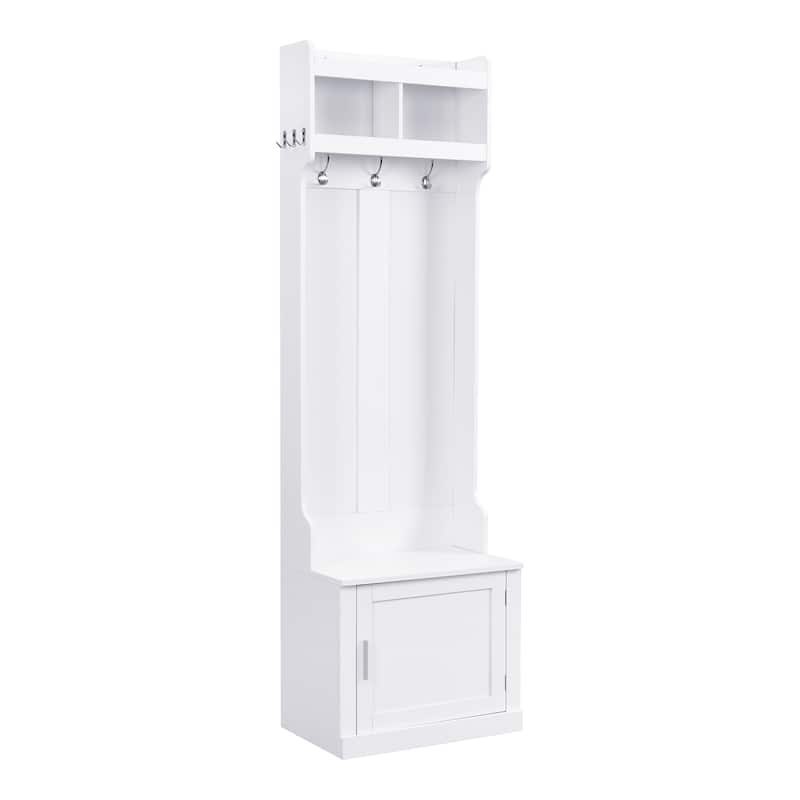 Roomfitters Minimalist Slim Hall Tree with Cabinet, Modern Storage Bench with Coat Rack and 6 Hooks for Mudroom