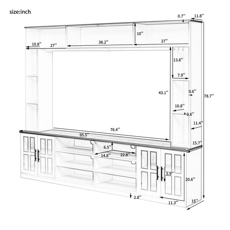 95.5" Extra Wide Media Wall Unit 6 Display Shelves + 2 Adjustable Cabinets, 10 Cable Holes