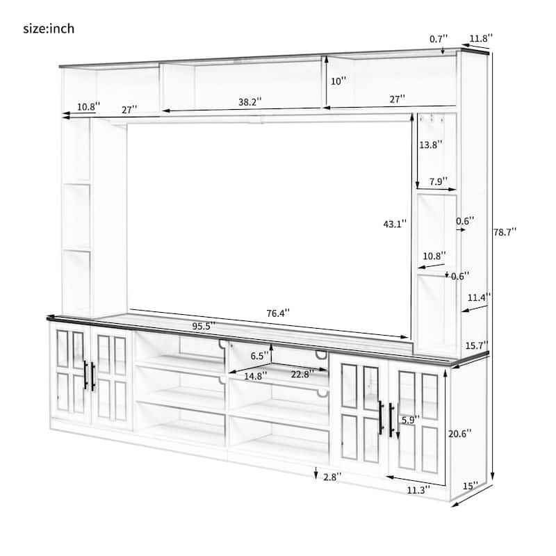 95.5" Wall Unit Entertainment Center TV Stand with Bookshelves, Storage Cabinets and Glass Doors for 80 Inch TV