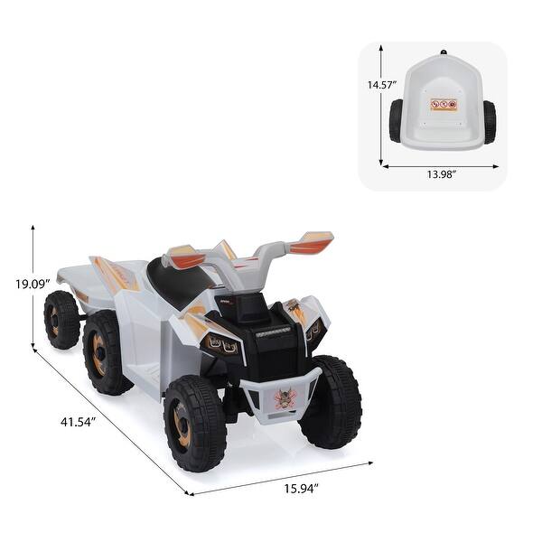 dimension image slide 1 of 5, White 6V Electric ATV Ride-On with Trailer, Bluetooth, Music, Power Display for Kids Ages 3-6