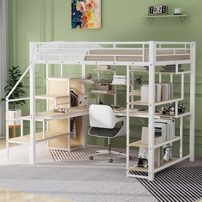 Full Size Metal Loft Bed with Storage Staircase and Small Wardrobe, Built-in Desk and Storage Shelves