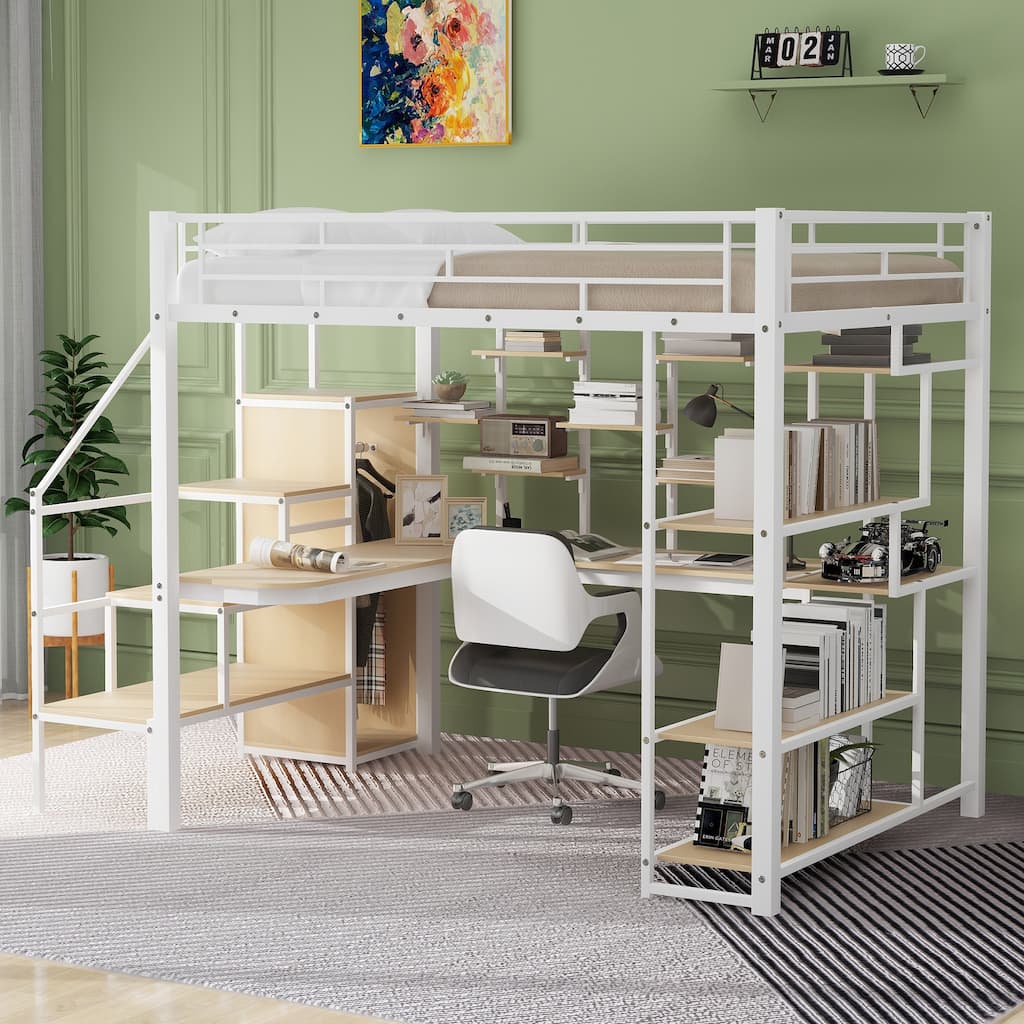 Full Size Metal Loft Bed with Storage Staircase and Small Wardrobe, Built-in Desk and Storage Shelves