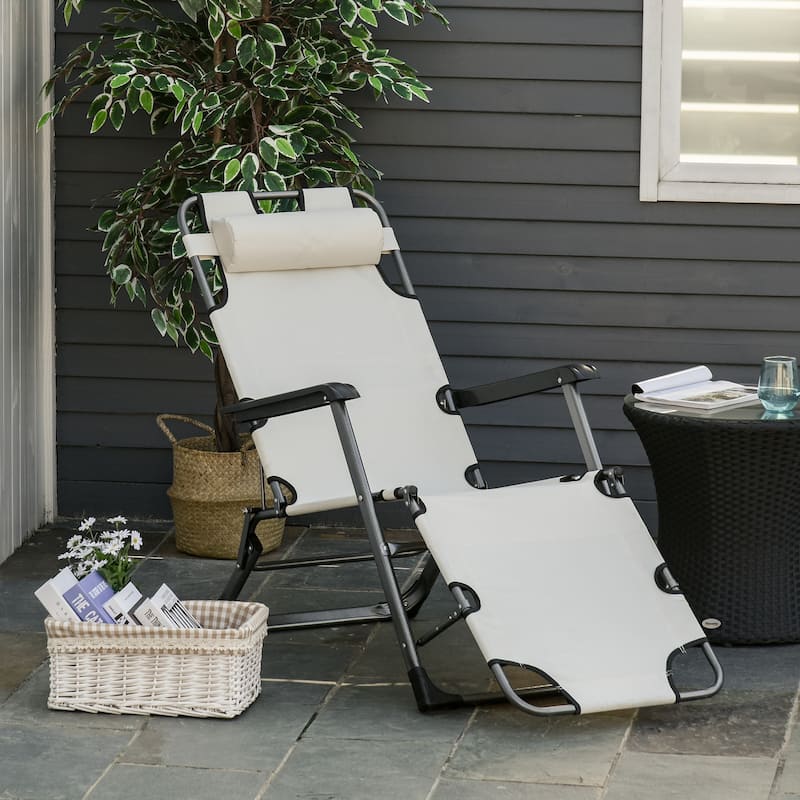 Outsunny 2-in-1 Patio Lounge Chair w/ Pillow, Outdoor Folding Sun Lounger Reclining to 120°/180°, Oxford Fabric - Cream White