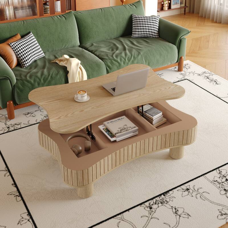 Lift Top Coffee Table for Living Room 42" Fluted Panel Hidden Storage, Silent Hydraulic Lift, Curved Safety Corners,Natural Wood - Natural Wood