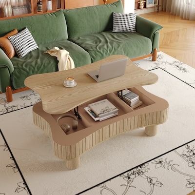 Lift Top Coffee Table for Living Room 42" Fluted Panel Hidden Storage, Silent Hydraulic Lift, Curved Safety Corners,Natural Wood