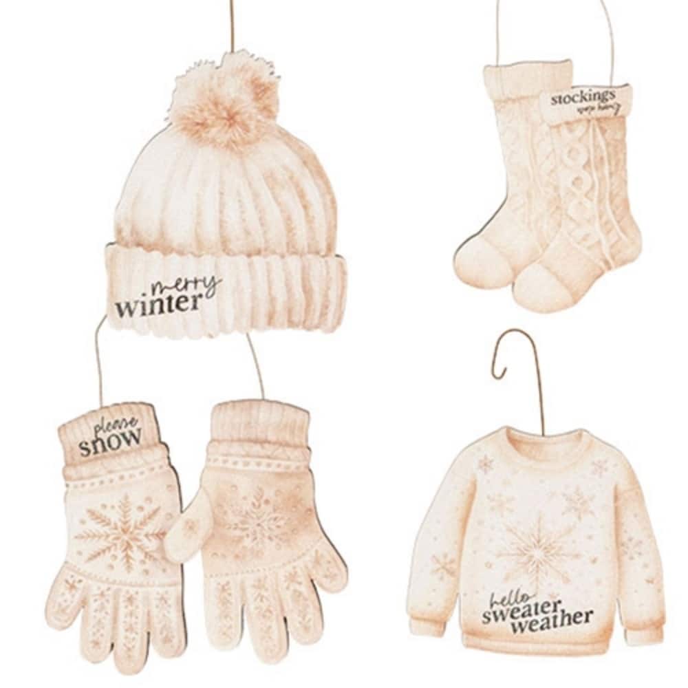 Wooden Winter White Ornaments Sparkle Holiday Decor - 4 Asstd. - 5" x 5.5" x 0.25"