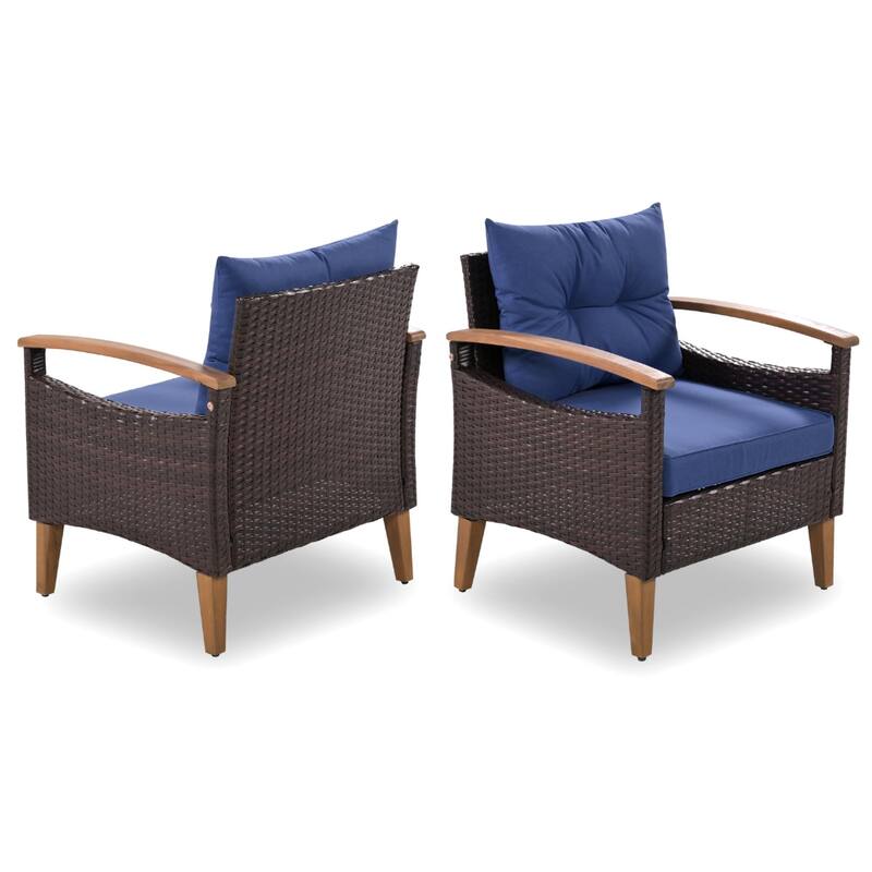 4 Piece Outdoor Sofa Set, All Weather PE Rattan Garden Furniture Set with Acacia Wood Dining Table and Armrest Chairs