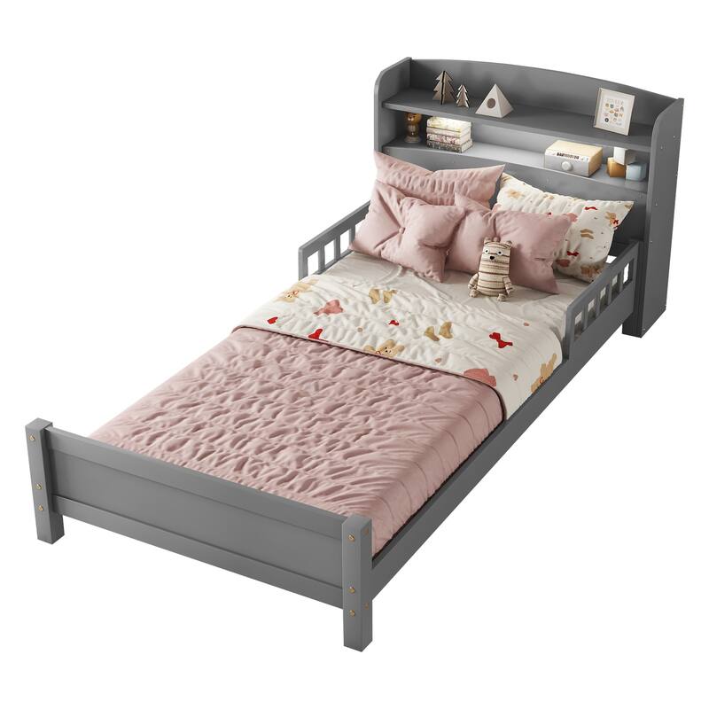 Twin Pine Wood Bed with Bookcase Headboard, LED Motion Sensor Light, Guardrails, Grey