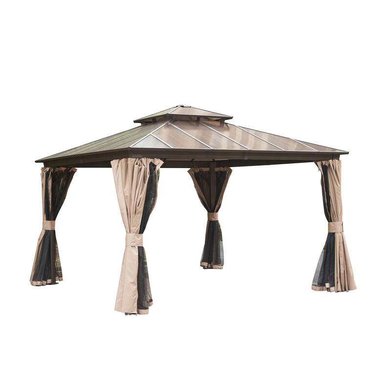 GDFStudio - Everett Permanent Outdoor Gazebo Pavilion with Double Roof and Full Privacy Setup - 12x12ft - Brown