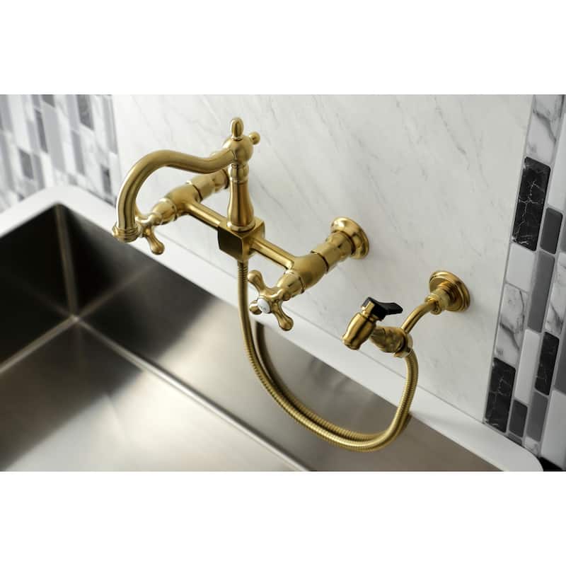 Kingston Brass Heritage Wall Mount Bridge Kitchen Faucet with Brass Sprayer