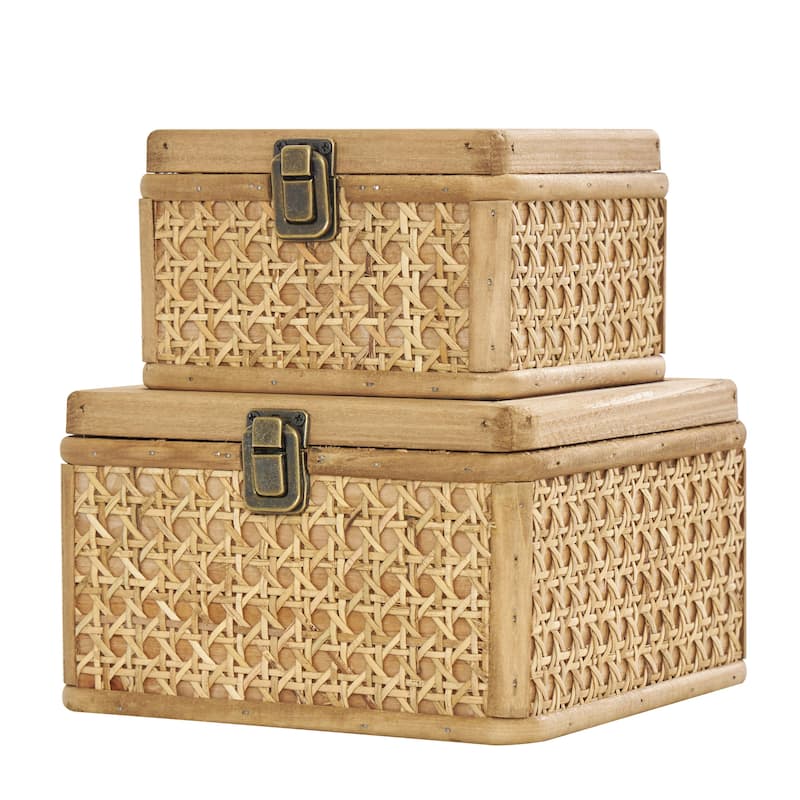 Rattan Handmade Woven Rattan Box with Glass Tops and Bronze Latches - Set of 2 Brown - Roche River Decor