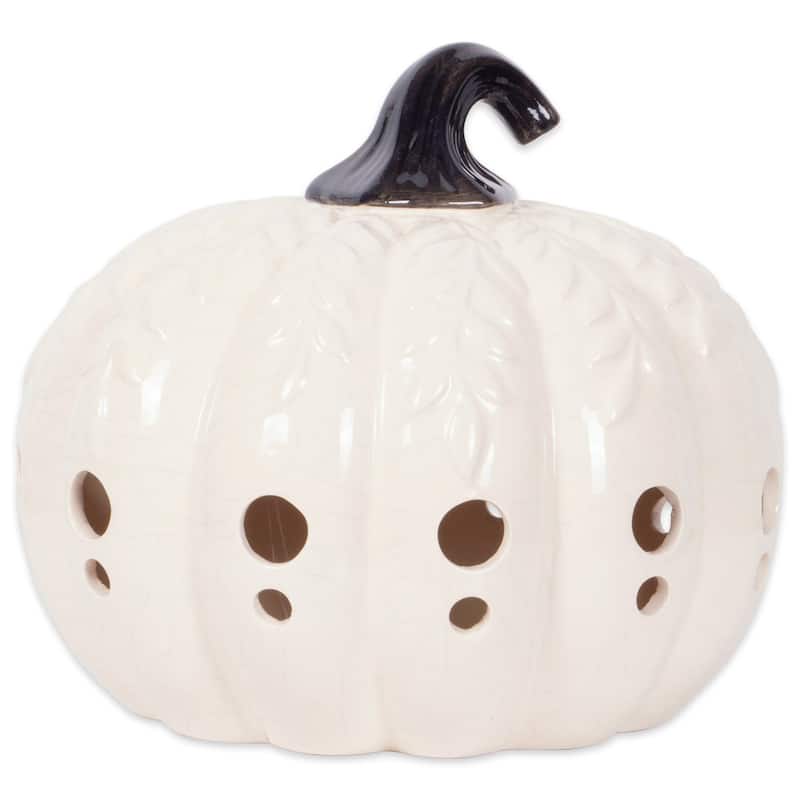 9" White and Black Leaves Pumpkin Lantern Halloween Decor