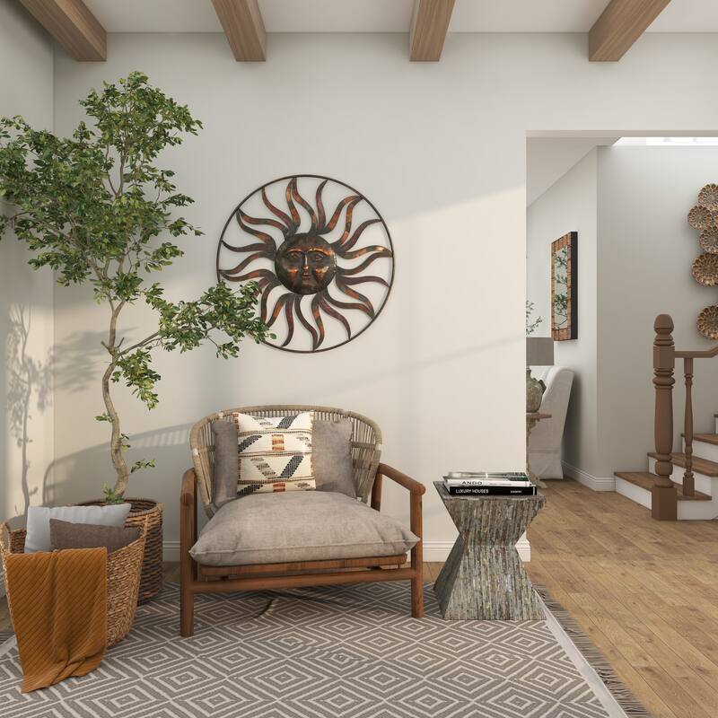 Brown Metal Indoor Outdoor Sun Home Wall Decor with Colorful Painted Accents