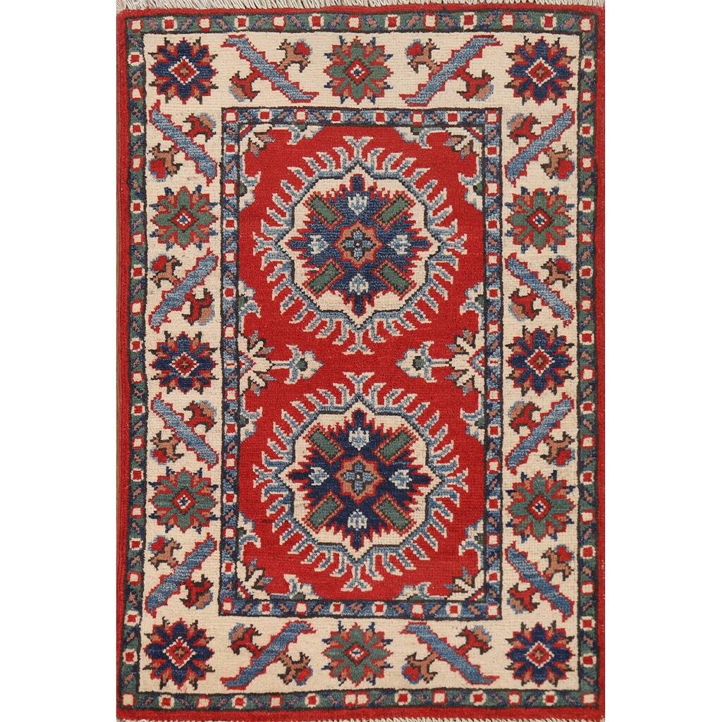 Geometric Kazak Oriental Rug Hand-Knotted Traditional Wool Carpet - 2'0"x 3'0"
