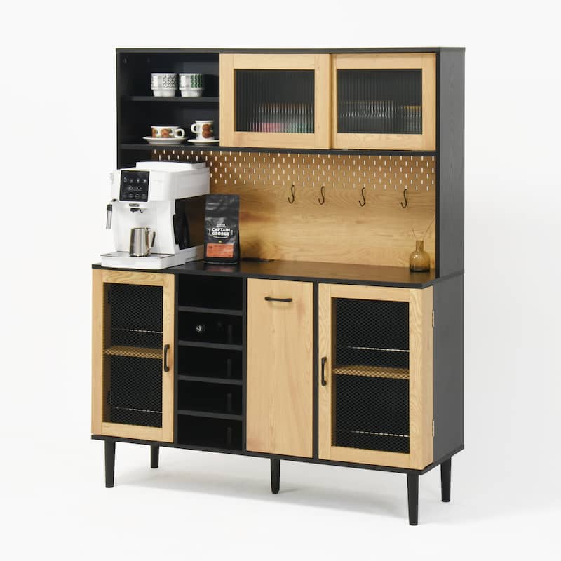 59" H Buffet Sideboard Cabinet with Storage Door & Power Outlet, Farmhouse Coffee Bar Cabinet with Wine Rack, Kitchen Pantry