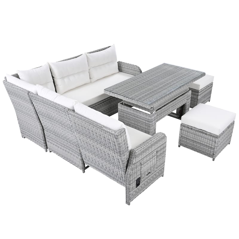 Outdoor Furniture Set Patio Rattan Furniture Set with an Adjustable Table, Recliners with Extendable Side Tables