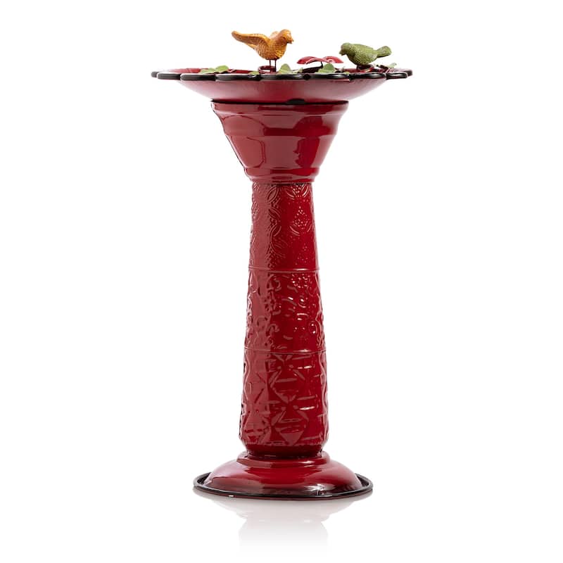 Alpine Corporation - 28" Tall Outdoor Metal Birdbath with Birds and Leaves Yard Statue Decoration, Red