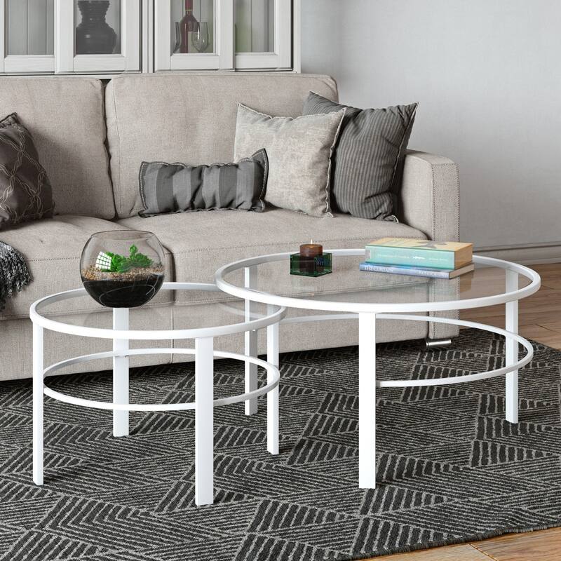 Set of 2 Round Nesting Coffee Tables with Clear Glass Top and Steel Base Modern Living Room Accent - 36"L x 36"W x 18"H