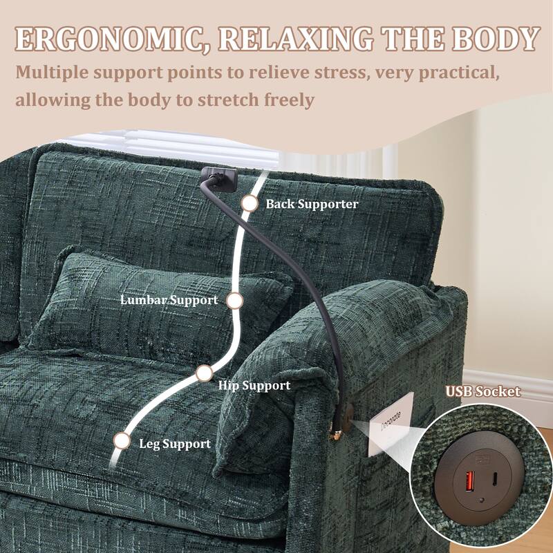 GALDWIN Chenille Upholstered L-shaped Modular Sectional Sleeper Sofa with Movable Storage Ottoman,USB&Type-C