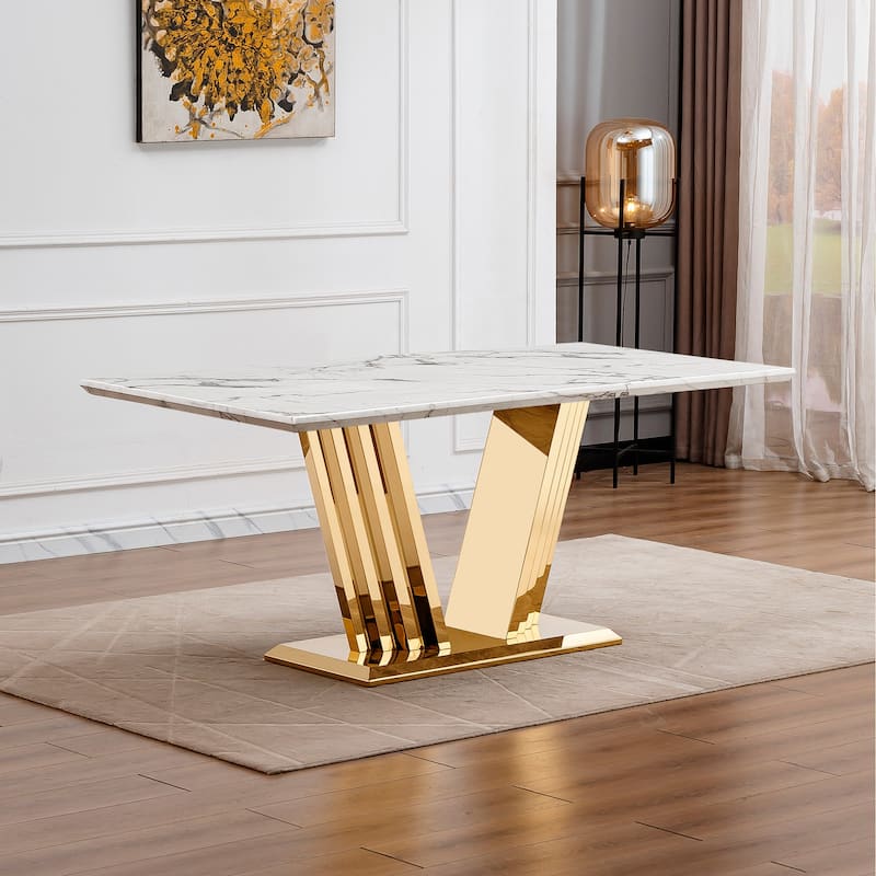 70'' Rectangle Faux Marble Dining Table with Mirrored Finish Stainless Steel Base - Gold+White