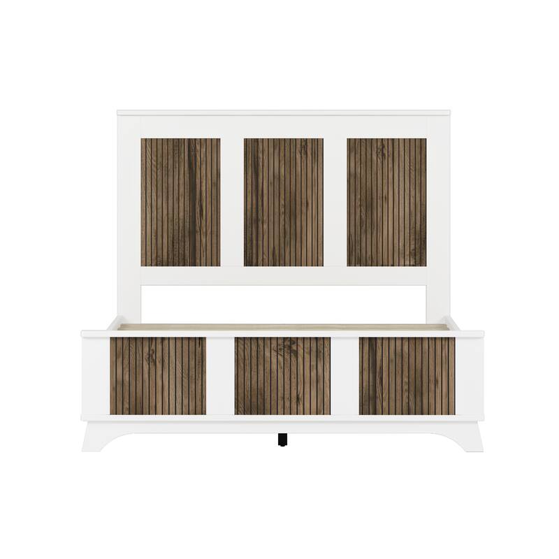 Wooden Platform Bed, Wingback Bed Frame with Wooden Strip Decoration Headboard and Footboard, Plywood Slats Support