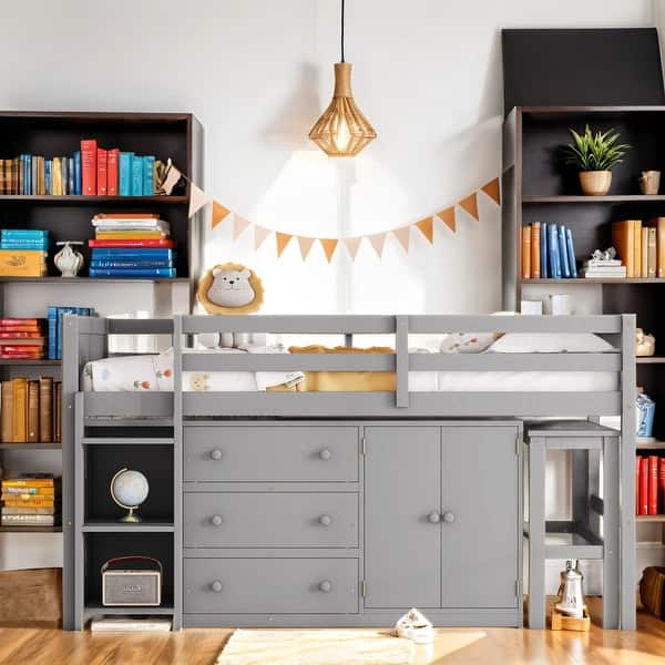 slide 2 of 22, Bunk Bed with Shelves and Drawers, Storage Space Loft Bed Grey