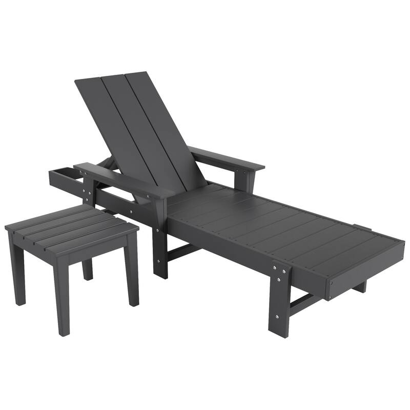 Polytrends Shoreside Modern Poly Eco-Friendly All Weather Reclining Chaise Lounge With Arms, Wheels, & Side Table (2-Piece Set)
