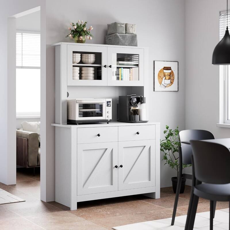 Freestanding Kitchen Pantry Cabinet with Microwave Stand & Buffet Cupboard, Adjustable Shelves for Dining Room - White