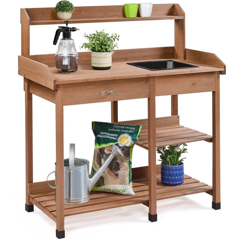 Yaheetech Garden Potting Bench Planting Bench with Sink Drawer Rack - N/A - Brown
