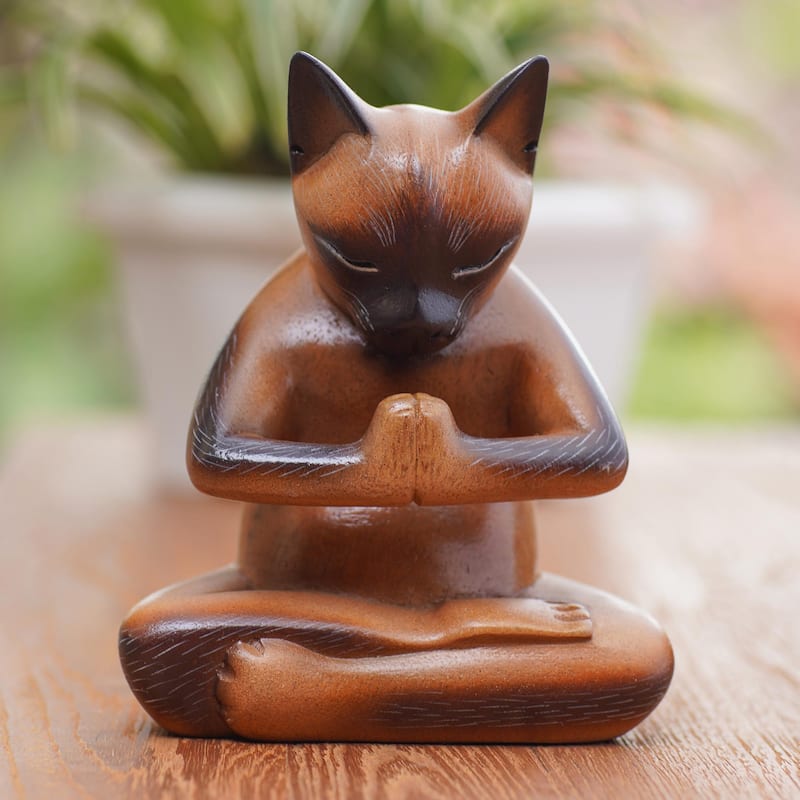 Novica Handmade Devout Feline Wood Statuette