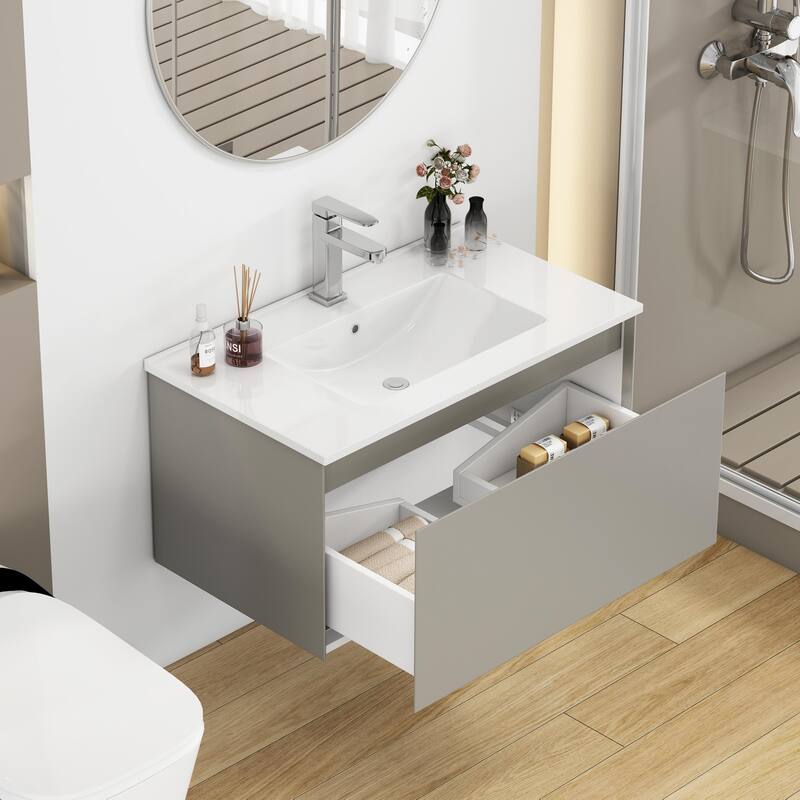 Wall-Mounted Bathroom Vanity, Floating Single Drawer Cabinet, 32 Inch Integrated Ceramic Sink