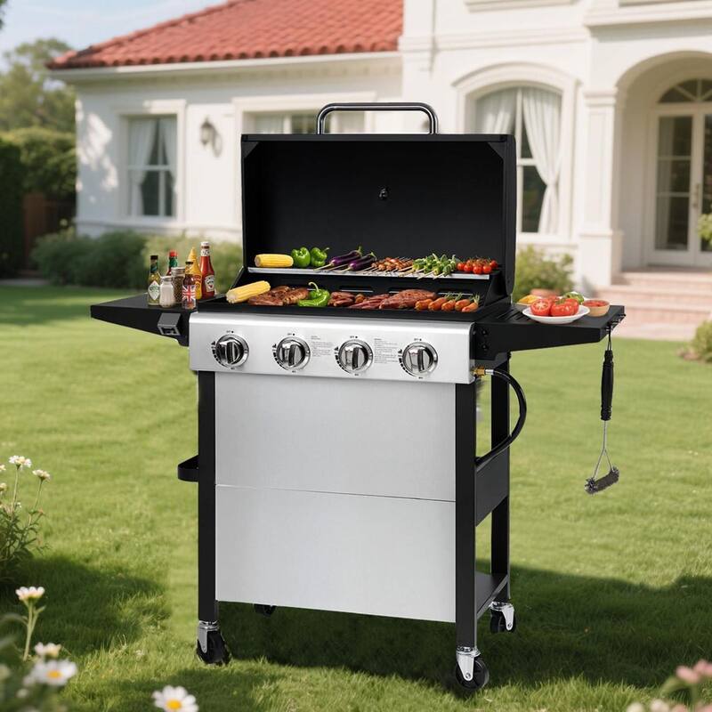 4-Burner 36,000BTU Propane Gas Grill with Brush, Stainless Steel Camping Stove with Foldable table, Hanging Basket, Support Legs - Black - Propane Gas