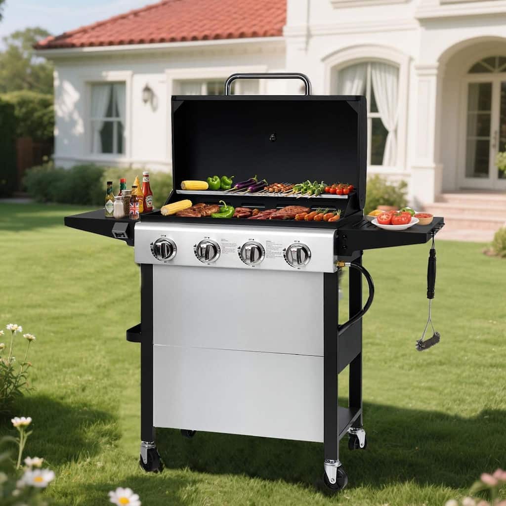 4-Burner 36,000BTU Propane Gas Grill with Brush, Stainless Steel Camping Stove with Foldable table, Hanging Basket, Support Legs