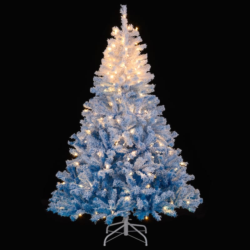 Gymax 5/6/7/8 FT Artificial Christmas Tree Hinged Snow Flocked Xmas - Blue, White