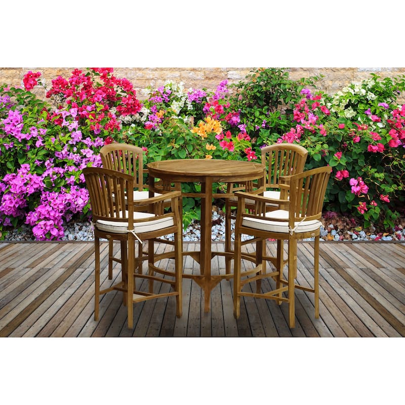 Chic Teak 5 Piece Teak Wood Orleans Bar Table/Chair Set With Cushions