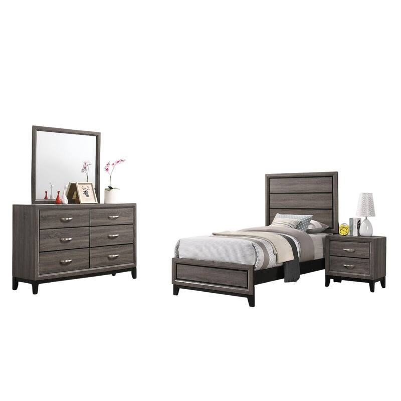 Mela 4pc Twin Bedroom Set with Dresser, Nightstand, Mirror, Oak Gray