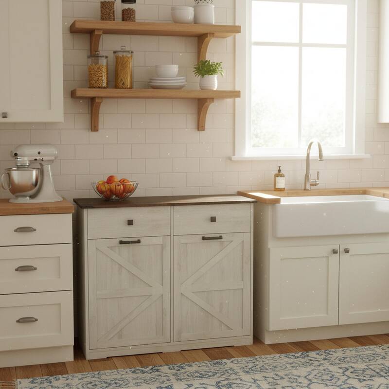 Homy Casa Farmhouse Double Tilt-Out Trash Cabinet, 20/10 G Recycling Bin, Barn Door Laundry Sorter with Drawer, Kitchen Tilt Out