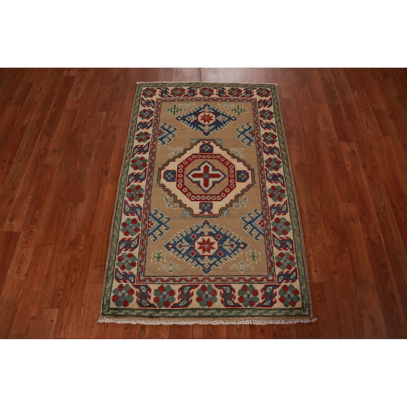 Brown Geometric Kazak Foyer Rug Hand-Knotted Wool Carpet - 2'7"x 4'0"