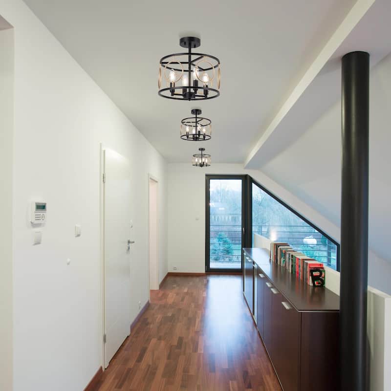 Zenith Modern Farmhouse 4-Light Drum Semi-flush Mount Black Gold Metal Lantern Foyer Kitchen Lights - D 13" x H 13.5"