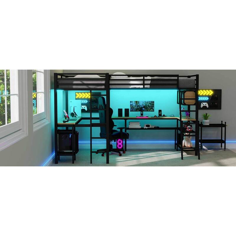 Roomfitters Metal Twin L-Shaped Loft Bed with 2 Desks, LED Lights and Charging Station, Black