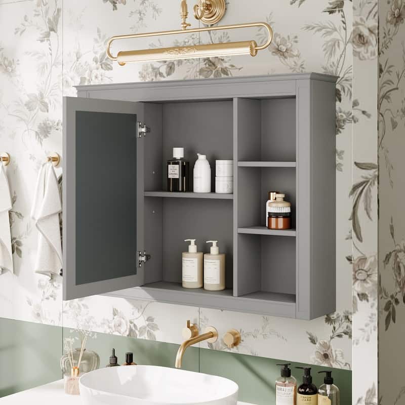 35'' x 27.5'' Modern Bathroom Wall Medicine Cabinet, Wall Mounted Bathroom Storage Cabinet with Mirror and 6 Open Shelves - N/A