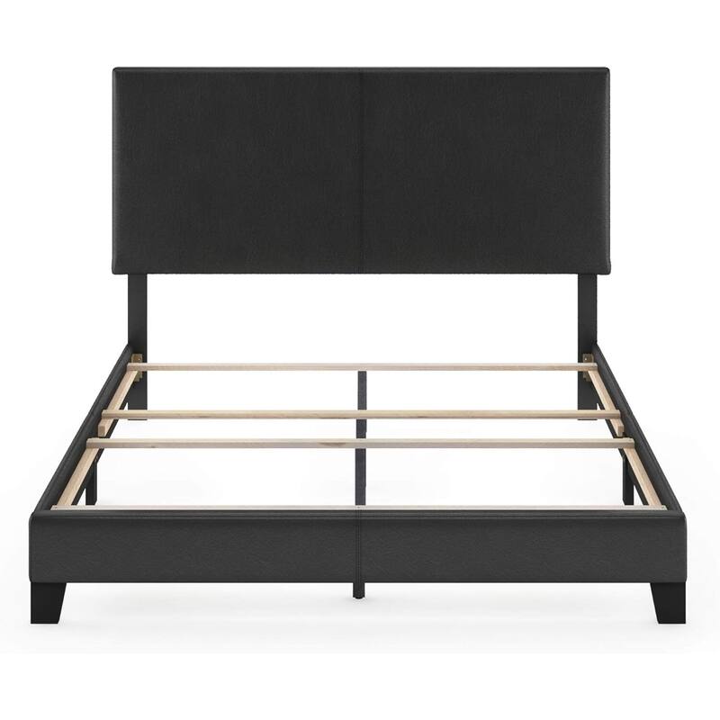 King Bed Frame Upholstered Black PU Leather Platform Bed Modern Glam Style