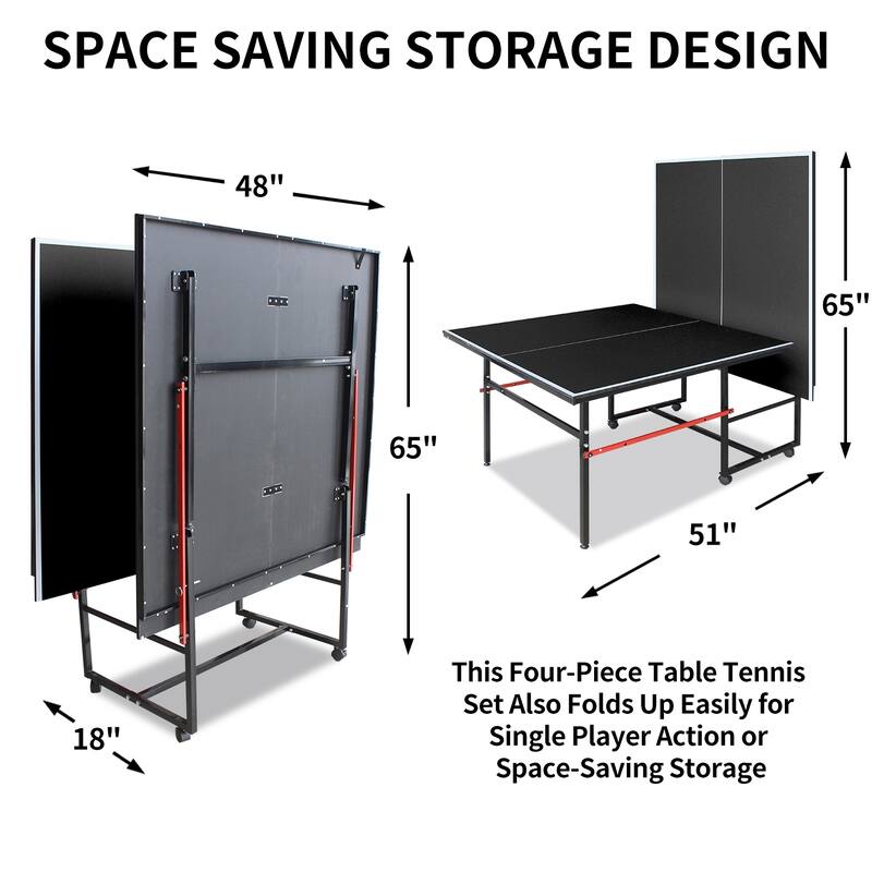 8ft Black Mid-Size Table Tennis Table Foldable & Portable Ping Pong Table Set with Net, 2 Table Tennis Paddles and 3 Balls