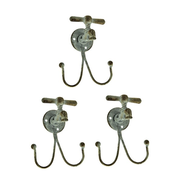 Distressed White T-Handle Water Spigot Double Wall Hook Set of 3 - 5.25 X 4.25 X 3 inches
