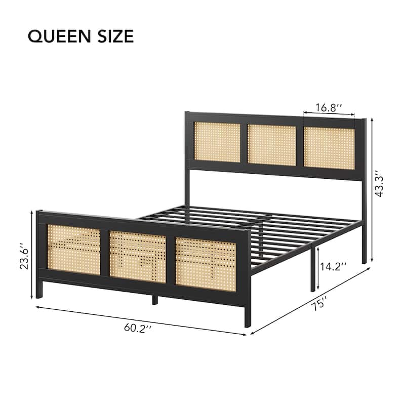 Rattan Bed Frame with Headboard, White Boho Cane Platform Bed Frame with Strong Metal Slat, Noise Free